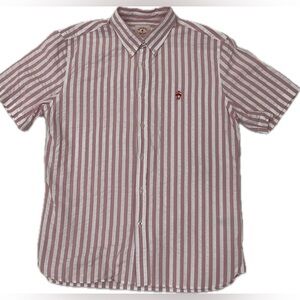 Brooks Brothers Men Red Fleece Pink Stripe Button Down Short Sleeve Shirt Large
